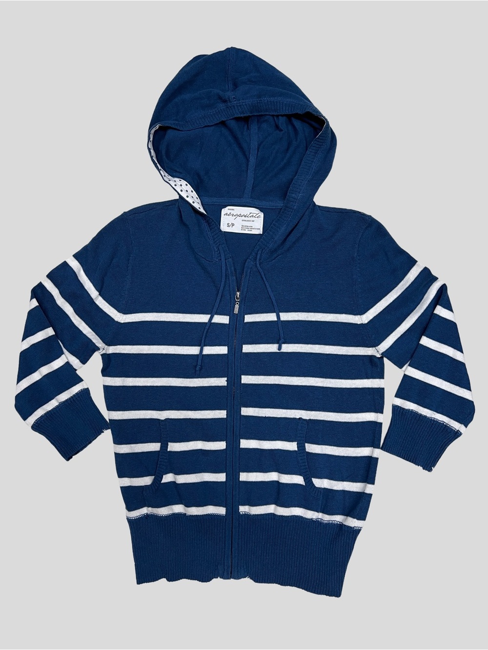 Aeropostale Navy Blue Hooded Full Zip Lightweight Sweater with White Accent